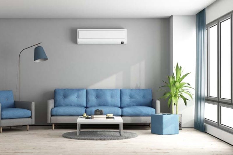 Ductless Mini Splits for Comfortable and Healthy Living. Blue and gray modern living room with sofa