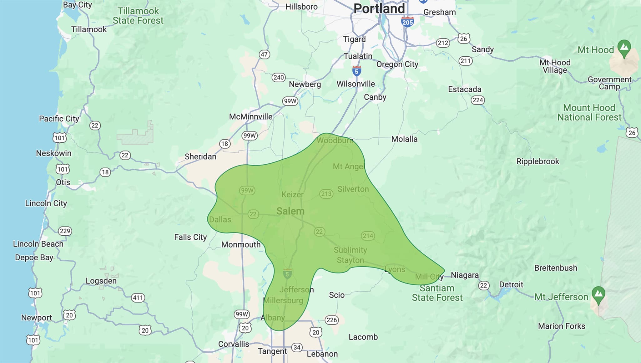 Map of Gagle's Heating service area in the Salem, OR, area.