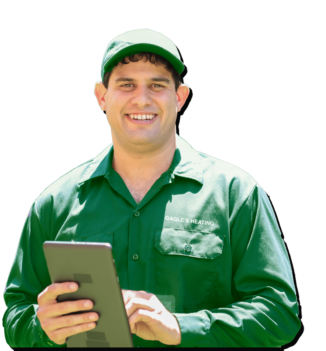 Gagle's Heating technician in uniform holding tablet device.