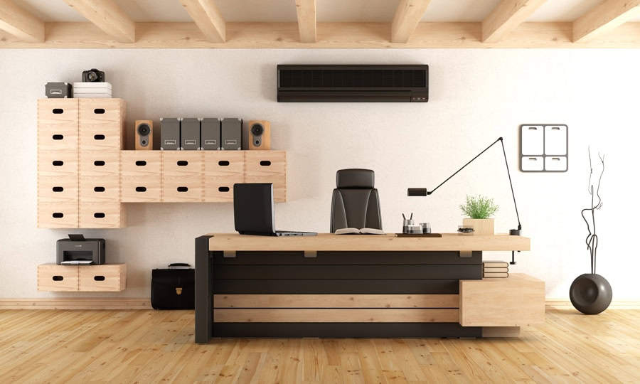 |Beautiful office space with a ductless air conditioner.|Living room with red sofa and air conditioner - 3d rendering.