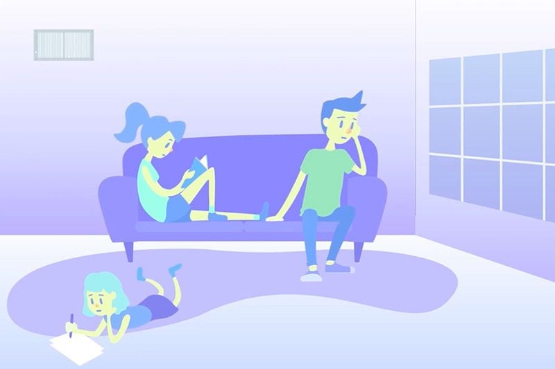 A family hangs out in a blue living room. Keep Clean Air During Your Time at Home.